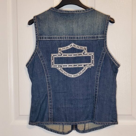 Harley-Davidson MEDIUM Rhinestone Bejeweled Blue Denim Zip Up Vest - Picture 2 of 9